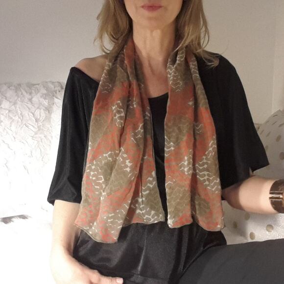 Vintage 100%  SILK Scarf Long Scarf Neutral Earthy Brown Minimalist Avante Garde - Picture 2 of 5